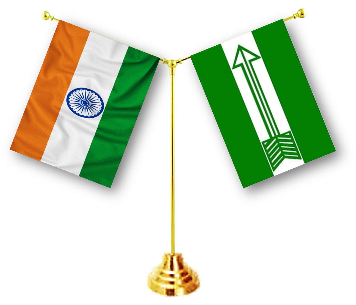 UNIq Janata Dal (United) - JDU & India Combo Y-Shape Classy Brass Base Flag Table Stand with Miniature 2-Layer Double Sided Printed Silk & Polyester Flags (Janata Dal (United) - JDU, Y Shape Stand)